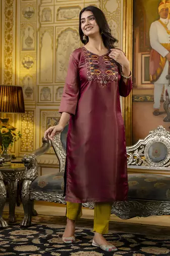 Brown embroidered shimmer silk salwar suit