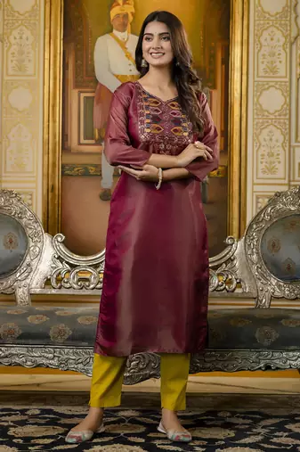 Brown embroidered shimmer silk salwar suit