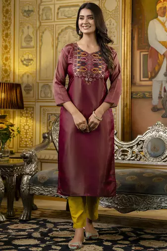 Brown embroidered shimmer silk salwar suit