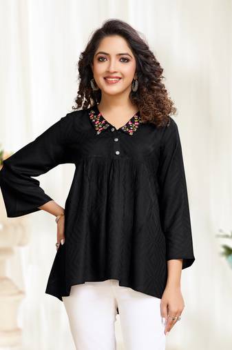 Black pure viscose floral embroidered shirt style top