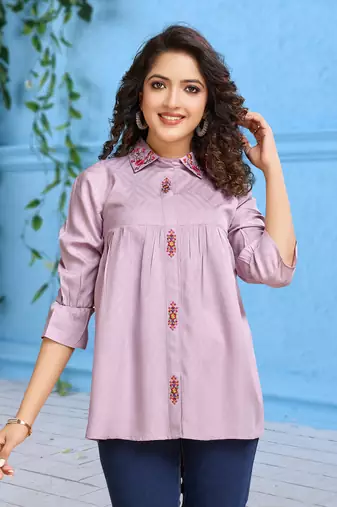 Mauve pure viscose floral embroidered shirt style top