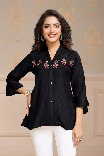 Black pure viscose floral embroidered shirt style top
