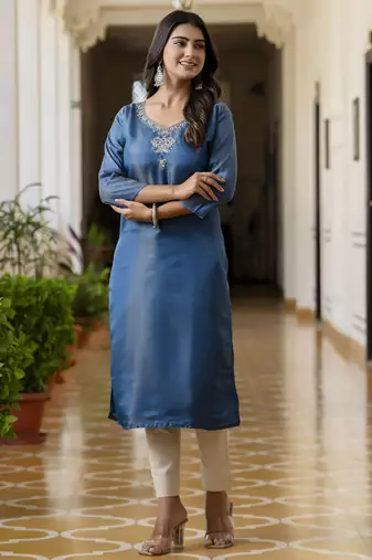 Teal embroidered shimmer silk salwar suit