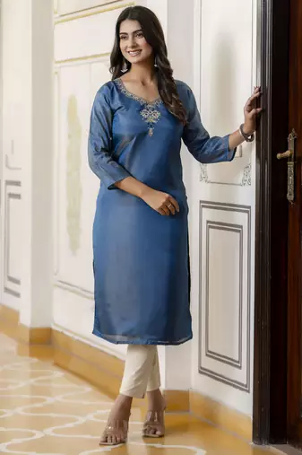 Teal embroidered shimmer silk salwar suit