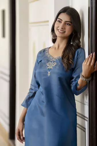 Teal embroidered shimmer silk salwar suit