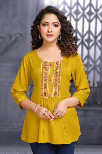 Mustard pure viscose floral embroidered a-line top