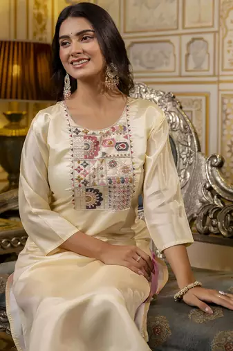 White embroidered shimmer silk salwar suit