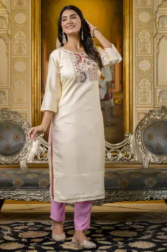 White embroidered shimmer silk salwar suit