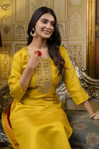 Yellow embroidered shimmer silk salwar suit