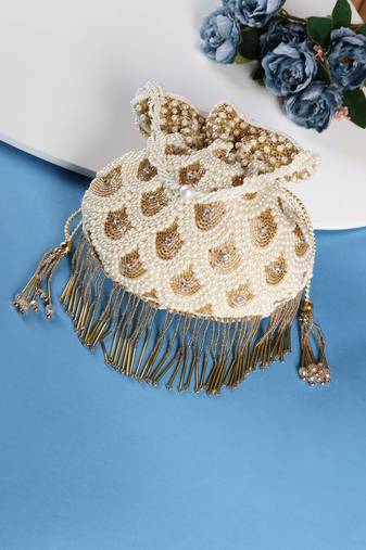  Pearl & Gold Hand-Beaded Potli Bag