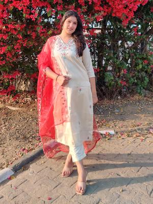 Beige embroidered silk blend salwar suit 1
