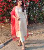 Beige embroidered silk blend salwar suit