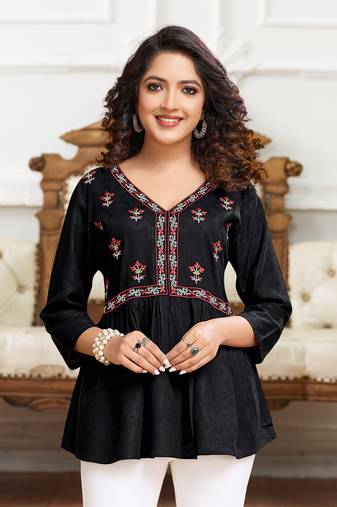 Black pure viscose floral embroidered peplum top
