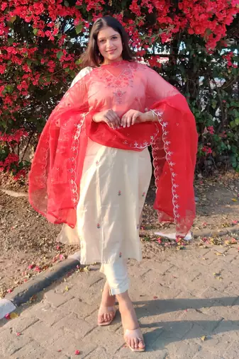 Beige embroidered silk blend salwar suit