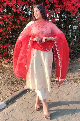 Beige embroidered silk blend salwar suit
