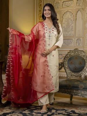 Beige embroidered silk blend salwar suit 1