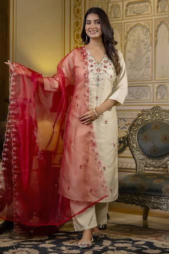 Beige embroidered silk blend salwar suit