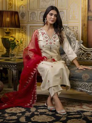 Beige embroidered silk blend salwar suit 2
