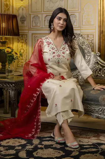 Beige embroidered silk blend salwar suit