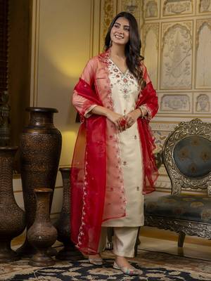 Beige embroidered silk blend salwar suit 3