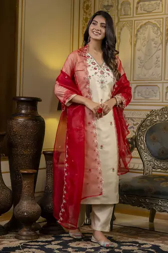 Beige embroidered silk blend salwar suit