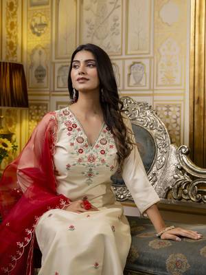 Beige embroidered silk blend salwar suit 4