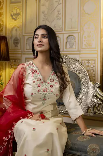 Beige embroidered silk blend salwar suit