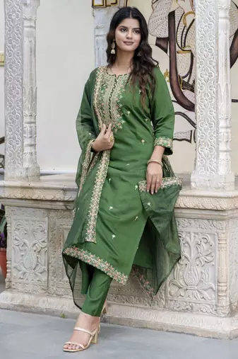 Green embroidered silk blend salwar suit