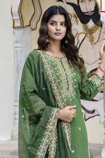 Green embroidered silk blend salwar suit