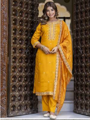 Yellow embroidered silk blend salwar suit 1