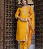 Yellow embroidered silk blend salwar suit