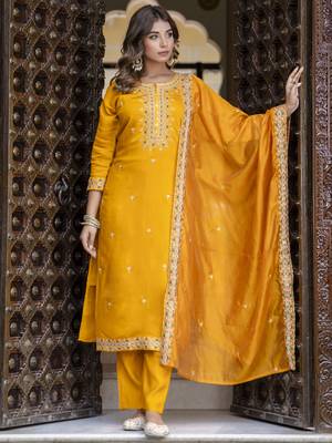 Yellow embroidered silk blend salwar suit 2