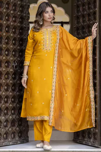 Yellow embroidered silk blend salwar suit
