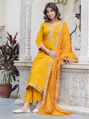 Yellow embroidered silk blend salwar suit 3