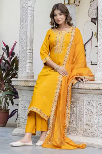 Yellow embroidered silk blend salwar suit