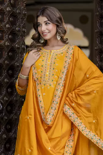 Yellow embroidered silk blend salwar suit