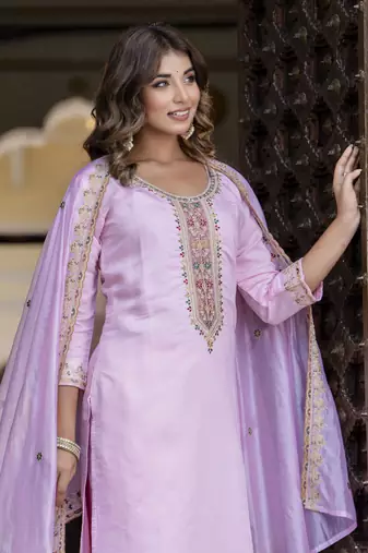 Pink embroidered silk blend salwar suit