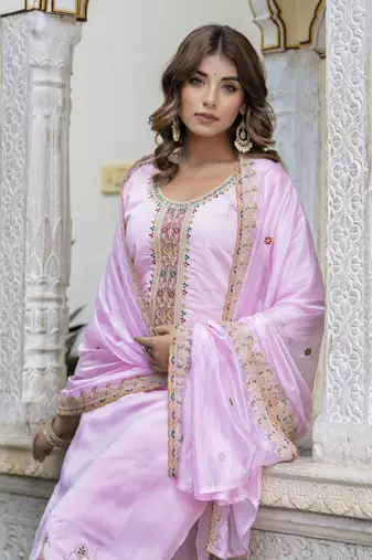 Pink embroidered silk blend salwar suit