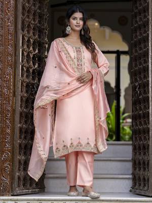 Peach embroidered silk blend salwar suit 1