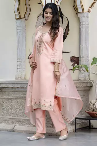 Peach embroidered silk blend salwar suit