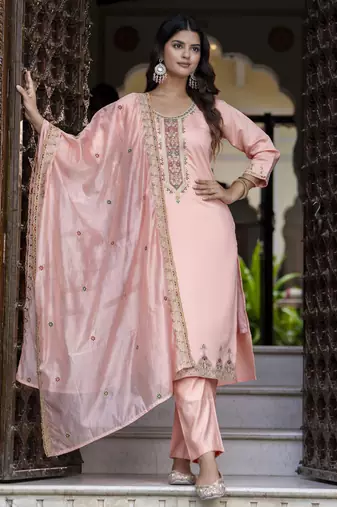 Peach embroidered silk blend salwar suit