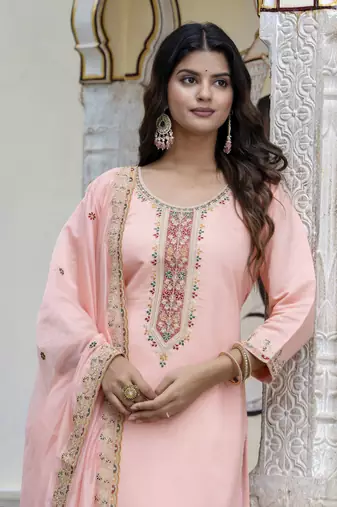 Peach embroidered silk blend salwar suit