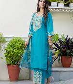 Blue embroidered silk blend salwar suit