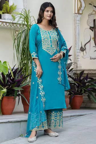 Blue embroidered silk blend salwar suit