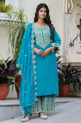 Blue embroidered silk blend salwar suit