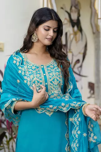 Blue embroidered silk blend salwar suit