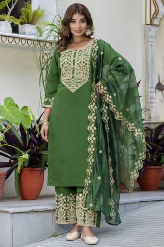 Green embroidered silk blend salwar suit