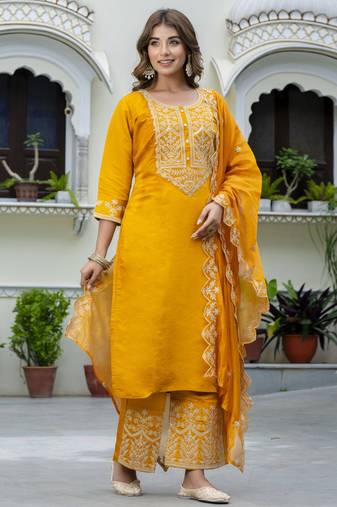 Mustard embroidered silk blend salwar suit