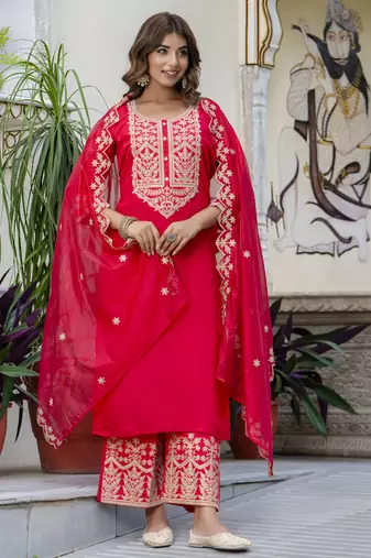 Pink embroidered silk blend salwar suit