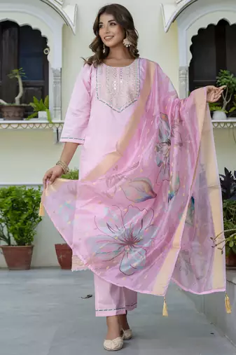 Pink embroidered silk blend salwar suit